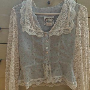 Jessica's Gunnies/Gunne Sax San Francisco Size 9 Powder Blue Lace Peasant Blouse